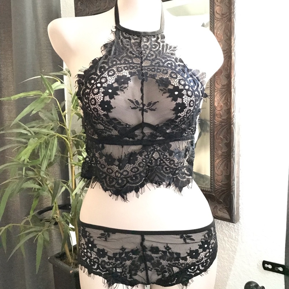 Black Sheer Floral Lace Cami and Panty Set